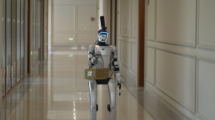 Three robots run the same harness with embodiment-specific profiles and tool implementations, frame 3 of 3.